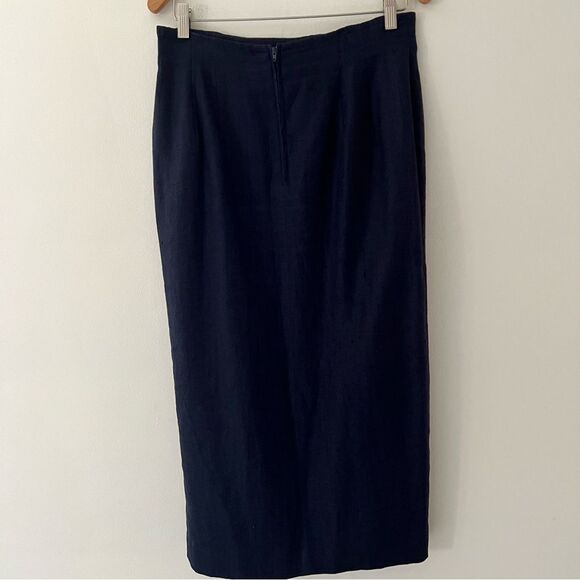 Vintage Linen Skirt Lined Navy Faux Wrap Size 10 Modest Capsule Minimal Tradwife - Picture 5 of 8